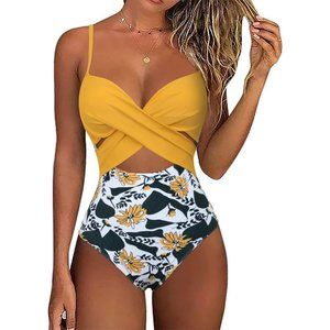 Women's Yellow Floral Underwire Sexy Cutout One Piece Wrap Twist Swim Suit